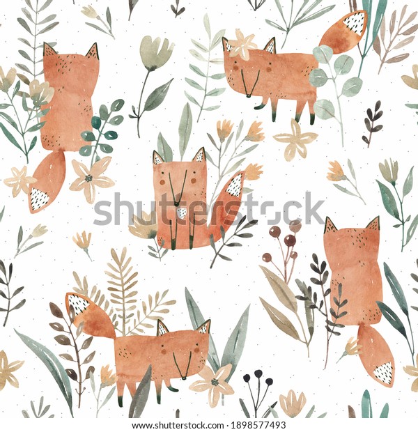 Cute foxes in a flower meadow. Watercolor seamless pattern. Creative childish background for fabric, textile, nursery wallpaper. Hand drawn illustration.