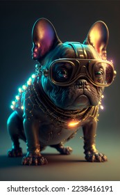 Cute French Bulldog in futuristic 3d glasses Steampunk dog and glasses Drawing cyberpunk painting Digital designer art Abstract surreal illustration 3D render