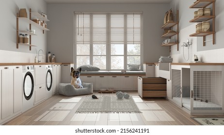 Cute French Bulldog In A Space Devoted To Pet, Pet Friendly White And Wooden Laundry, Mudroom With Dog Bed And Dog Shower, Big Window With Pillows, Capet With Toys. Interior Design, 3d Illustration