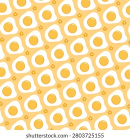 Cute fried egg seamless pattern with small flowers on a soft yellow background.