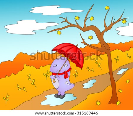 Cute friendly alien in rubber boots, scarf and with umbrella in the paws. Autumn Landscape, leaves fall from the trees, shrubs, pools, walking paths in the park.
