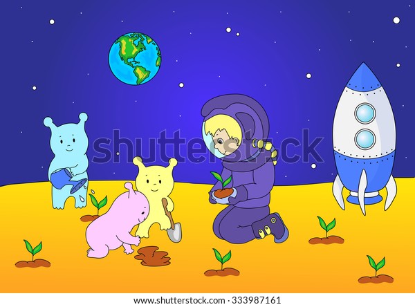 Cute and friendly aliens and astronaut watering\
the plants on the planet. Rocket is standing on the surface of Mars\
or moon. Space\
landscape