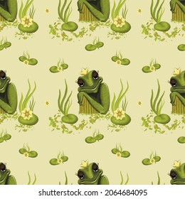 cute frog princess with a crown dreaming of a prince in her pond, pattern.