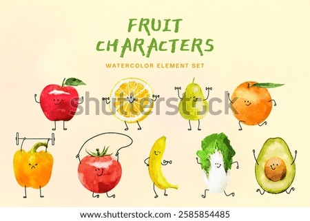 Cute fruit characters with faces and limbs. Watercolor style fruits include apple, lemon, pear, and avocado. Fun and playful fruit illustrations. Doodle illustration element.