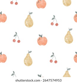 Cute fruit seamless pattern with cherry, pear, and apple. Soft watercolor texture in pastel colors. Playful, childish, and organic digital design.