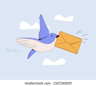 A Cute Funny Bird Carries An Envelope. Messaging, Sending Letters, Contact, Or Sharing Information Concept. Thin Line Illustration On White. Postage Pigeon Character. Homer Delivery Of Mail.