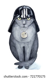 A cute funny black cat dressed in the costume of the hero of the a fantastic film. Watercolor illustration isolated on a white background.