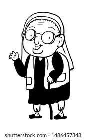 Cute Funny  Cartoon Characters Grandma  With Traditional Clothes Illustration  Drawing . Black White Colors 