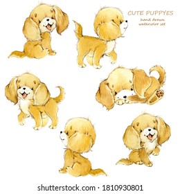 Cute Funny Cartoon Dogs. Watercolor Puppy Pet Characters Set