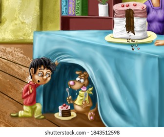 Cute And Funny Dog And Little Boy Illustration With Stolen Piece Of Cake Hiding Under Table From Angry Mom Cartoon Great For Kids Books Or Content For Children