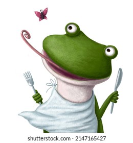 Cute Funny Frog Having Breakfast, Watercolor Style Illustration, Children's Room Clipart With Cartoon Character Good For Card And Print Design