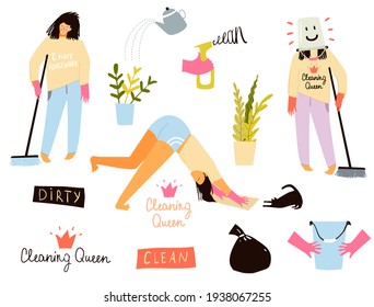 Cute funny girl or woman doing housework clip art collection. Cleaning floor, holding bucket and spray, watering flowers. Fun cleaning quotes hand drawn design. Isolated illustration. - Powered by Shutterstock