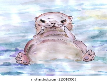 Cute And Funny Otter Swimming On Its Back In Blue Water Watercolor Illustration