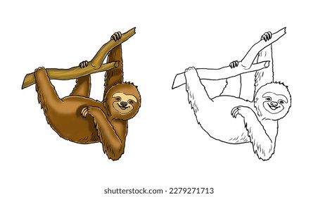 Cute and funny sloth for coloring. Template for a coloring book with funny animals. Colouring page for kids.
