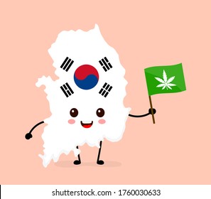 Cute funny smiling happy South Korea map and flag character with cannabis marijuana flag. cartoon character illustration icon. South Korea marijuana weed, medical recreational cannabis concept