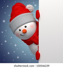 cute funny snowman holding white page, 3d character, hiding behind the corner