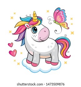 A Cute Funny Unicorn On White Background. Isolated Illustration With Cartoon And Fabulous Little Pony, Butterfly, Star, Cloud And Heart. Romantic Story. Wonderland. 