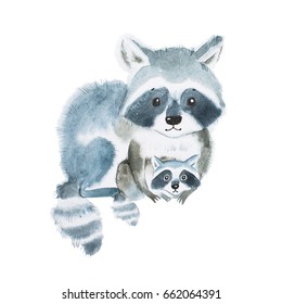 Cute Fuzzy Raccoon Family, Mother Warming Her Little Baby. Artwork Created With Watercolor Technique.