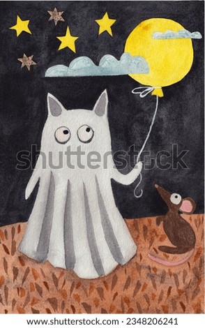 A cute ghost cat is holding a moon ball. Halloween card. watercolor illustration