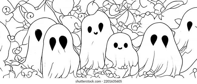 Cute Ghost Family, Seamless Pattern, Spooky Halloween Wallpaper Background Doodle. Line Illustration, Colouring Book Drawing,
