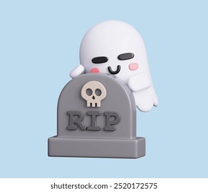 Cute ghost with gravestone isolated. Happy Halloween Day icon. Cartoon Halloween emoji. 3D Render Illustration.