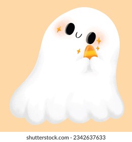 cute Ghost holding candy corn  isolated  background Halloween white ghost cartoon illustration 