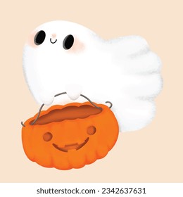 cute Ghost holding halloween pumpkin bucket isolated  background  Halloween white ghost cartoon illustration 