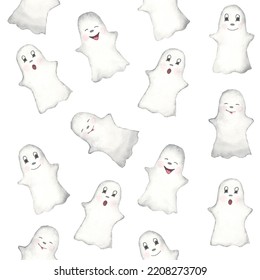 Cute Ghost Pattern, In The Halloween Mood. Done With Watercolors.