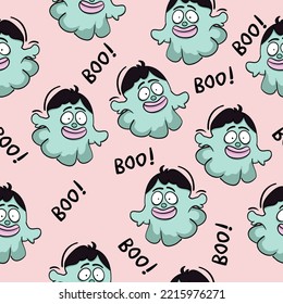 Cute Ghost  Pattern Illustration On Green Color With Text .