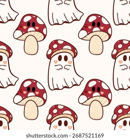 Cute Ghost Seamless Pattern with Mushroom hat, Halloween Kawaii Illustration