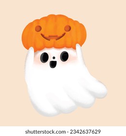 cute Ghost wear pumpkin hat isolated  background  Halloween white ghost cartoon illustration 