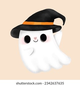 cute Ghost wear wizard hat isolated  background  Halloween white ghost cartoon illustration 