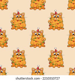 Cute Ginger Cat Pattern With Christmas Lights. Festive Garland.