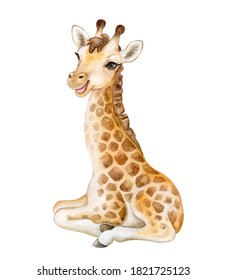 Cute Giraffe Cub Isolated On White Background. Giraffe Baby. African Animals. Safari. Illustration. Template. Hand Drawn. Greeting Card Design. Clip Art.