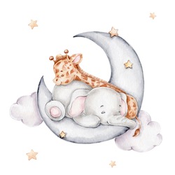 Cute Giraffe Und Elefanten, Die Auf Dem Mond Schlafen; Handgezeichnete Illustration In Aquarellfarben; Mit Weißem, Isoliertem Hintergrund