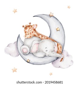 Cute giraffe and elephant sleeping on the moon; watercolor hand drawn illustration; with white isolated background - Powered by Shutterstock