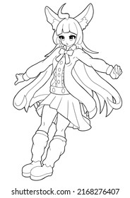 Cute Girl With Big Cat Ears Drawn In Manga Style. She Has Long Hair, Shirt And Skirt, Bow. On The Feet Are Stockings And Boots. Outline Drawing