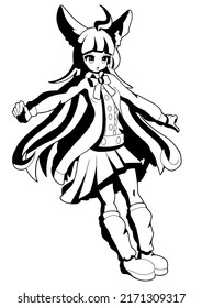 Cute Girl With Big Cat Ears Drawn In Manga Style. She Has Long Hair, Shirt And Skirt, Bow. On The Feet Are Stockings And Boots. Outline Drawing With Shadows.