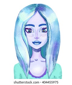 Cute Girl With Blue Hair. Humanization Of Water (ice, Snow). Winter Girl.