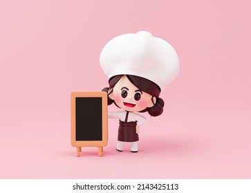 Cute Girl Chef In Uniform Standing With Open Or Menu Blackboard Sign Restaurant Cook Mascot On Pink Background 3d Rendering