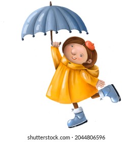 Cute Girl Dancing Under Rain With Umbrella, Children's Illustration, Autumn Clipart With Cartoon Character Good For Card And Print Design