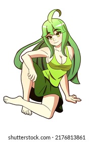 A Cute Girl Drawn In A Cartoon Style Sits On The Floor With Her Legs Folded, She Has Large Breasts, Long Green Hair, A Light Green T-shirt And A Dark Green Skirt