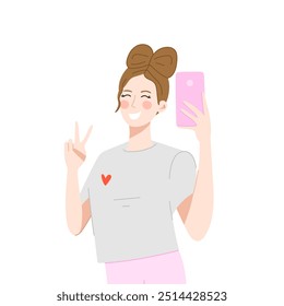 Cute girl friend take a picture. Character on white background. Art characters. Vector illustration - Powered by Shutterstock