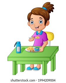 Cute Girl Happily Eating Food Illustration Stock Illustration ...