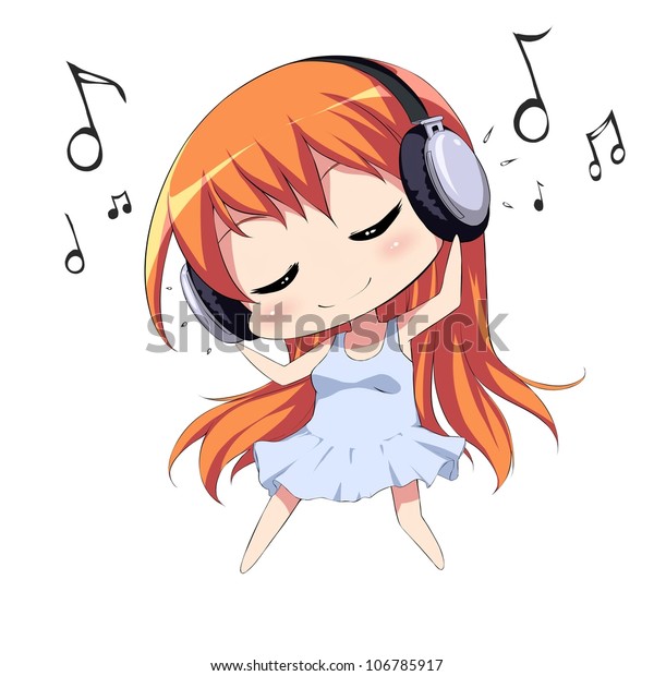 音楽や踊りを聴くヘッドフォンを持つかわいい女の子 のイラスト素材