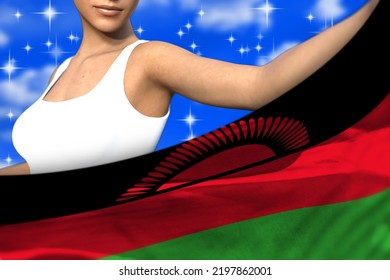 Cute Girl Is Holding Malawi Flag In Front Of Her On The Blue Colorful Clouds - Flag Concept 3d Illustration