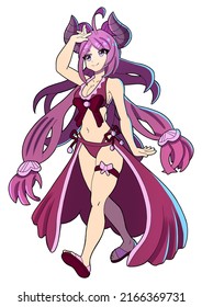 A Cute Girl With Horns Drawn In Anime Style, She Has Long Pink Hair, A Pink Bikini, And Sandals On Her Feet. Color Sticker.