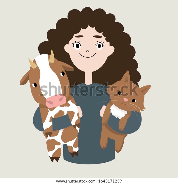 可愛い女の子が牛と猫を抱きしめる ペットケアイラスト 女の子の手の中の動物 幸せな笑顔の女の子 ドッグシッター ウォーカー トレーナー ホステル または病院向けのデザイン ポスター プロジェクトのチラシ のイラスト素材