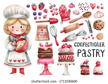 Cute girl pastry chef and collection of cakes, sweets, kitchen items needed in a pastry shop hand-drawn in watercolor and isolated on a white background. Collection of hand-drawn confectionery element - Powered by Shutterstock