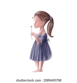 Cute Girl Portrait With Dandelion, Watercolor Style Illustration, Children's Clipart Good For Card And Print Design